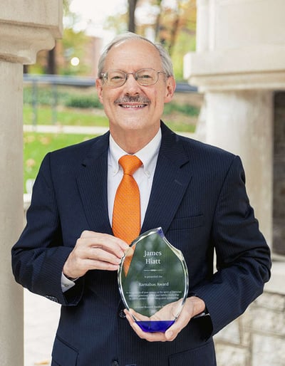 Dr. Jim Hiatt of Trevecca Nazarene University was recently presented with the Barnabas Award, a recognition from the Christian Business Faculty Association for service and joyful contribution to the organization.