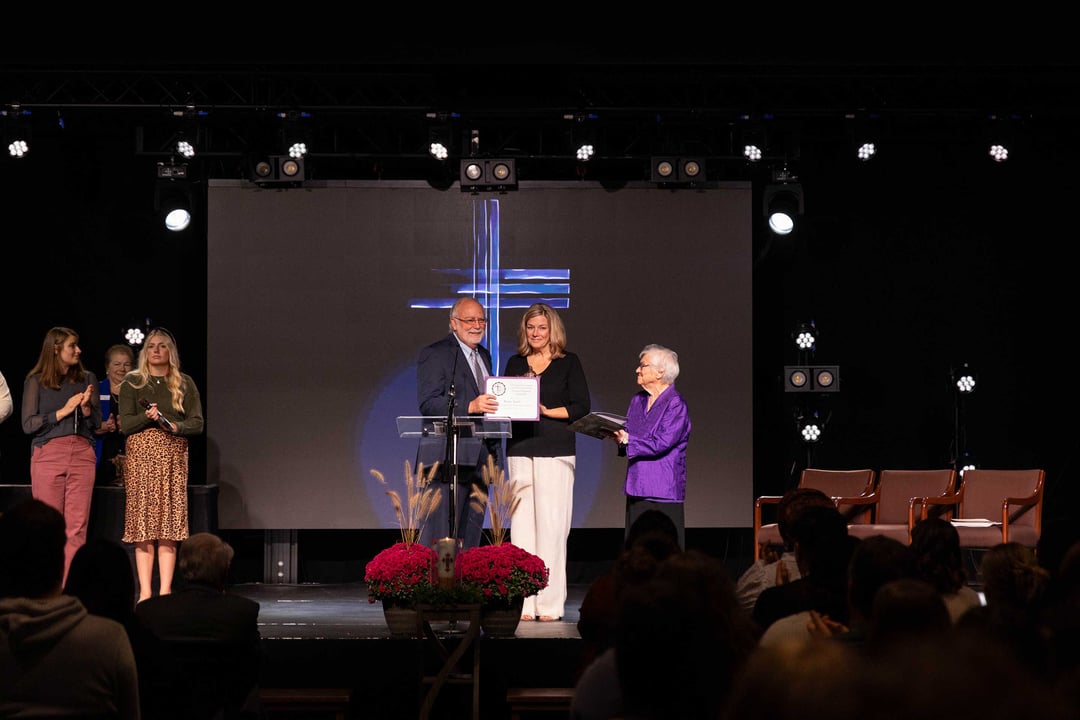 Gunter is presented an award during Trevecca chapel.