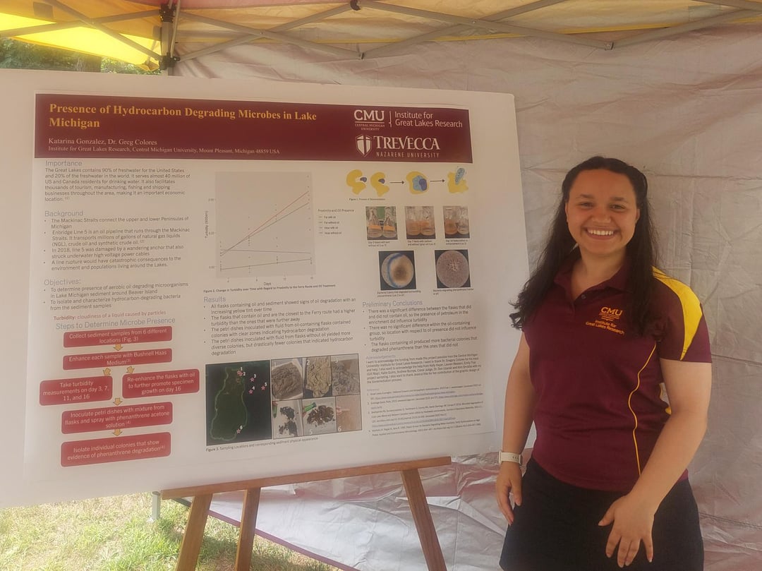 Gonzalez stands next to her board of research findings on Lake Michigan.