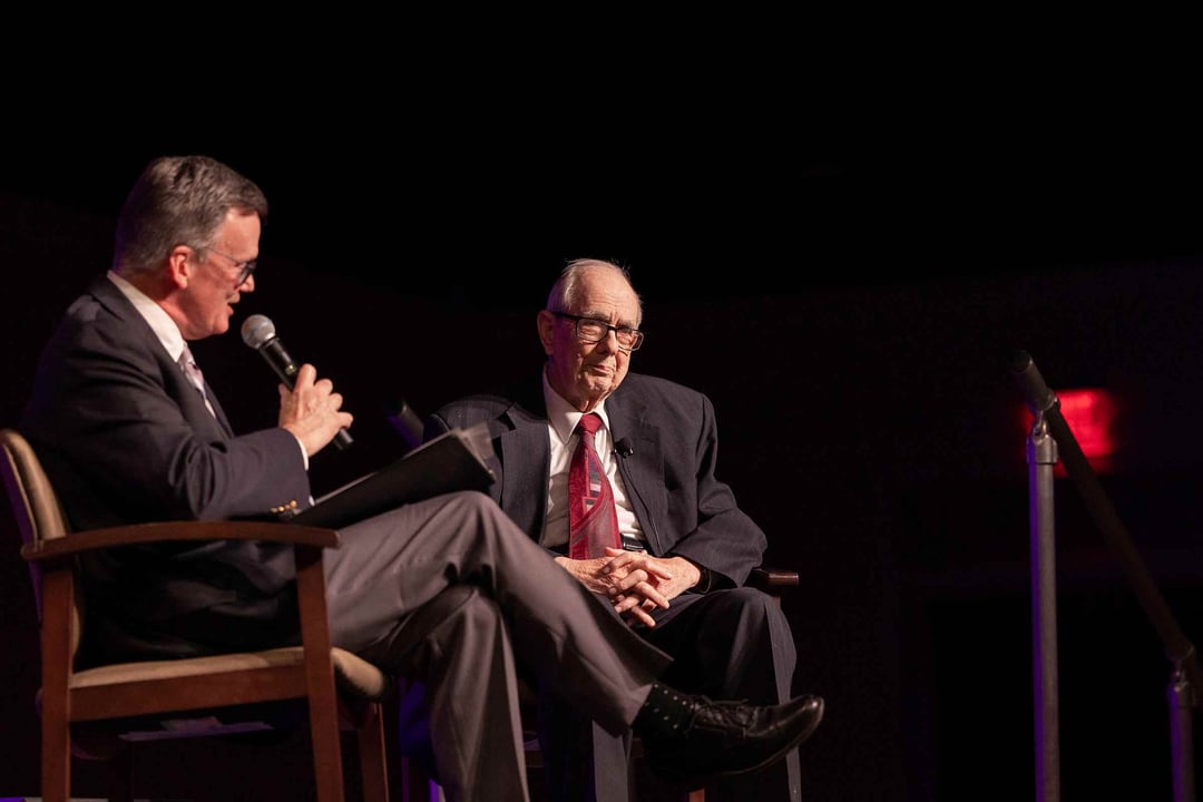 H. Ray Dunning's is interviewed during a Trevecca chapel service.