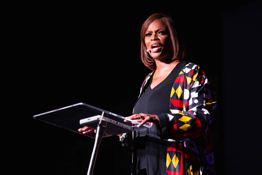 Della Bacote speaks at a Trevecca chapel service.