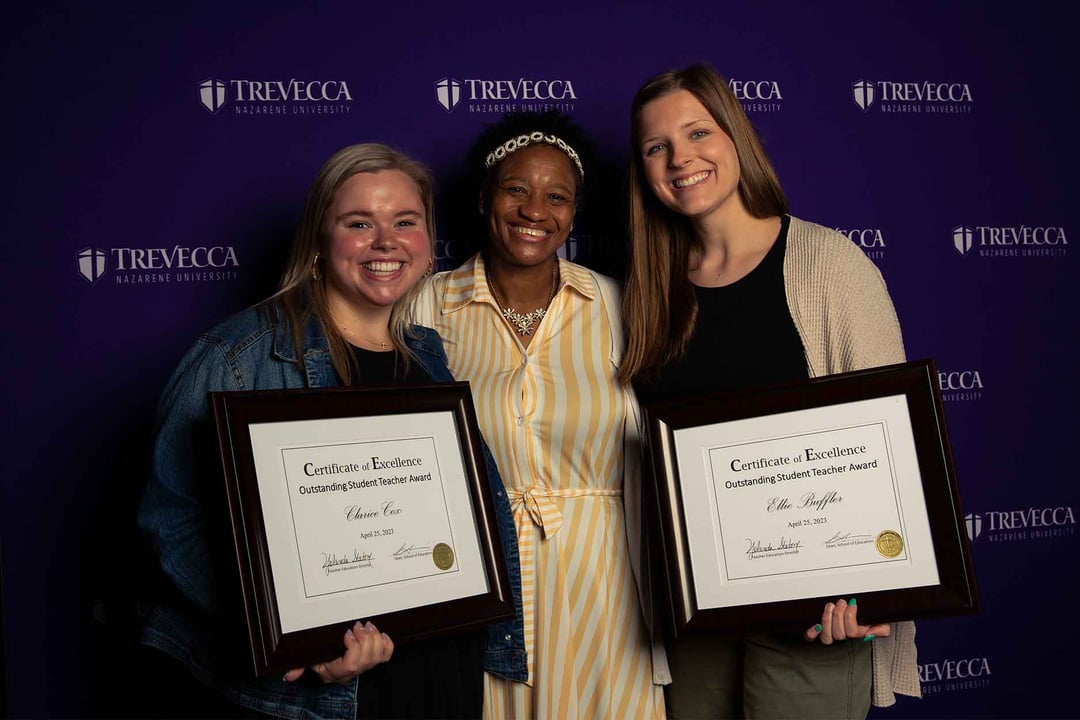Students pose with their awards at Trevecca's 2023 academic awards ceremony.