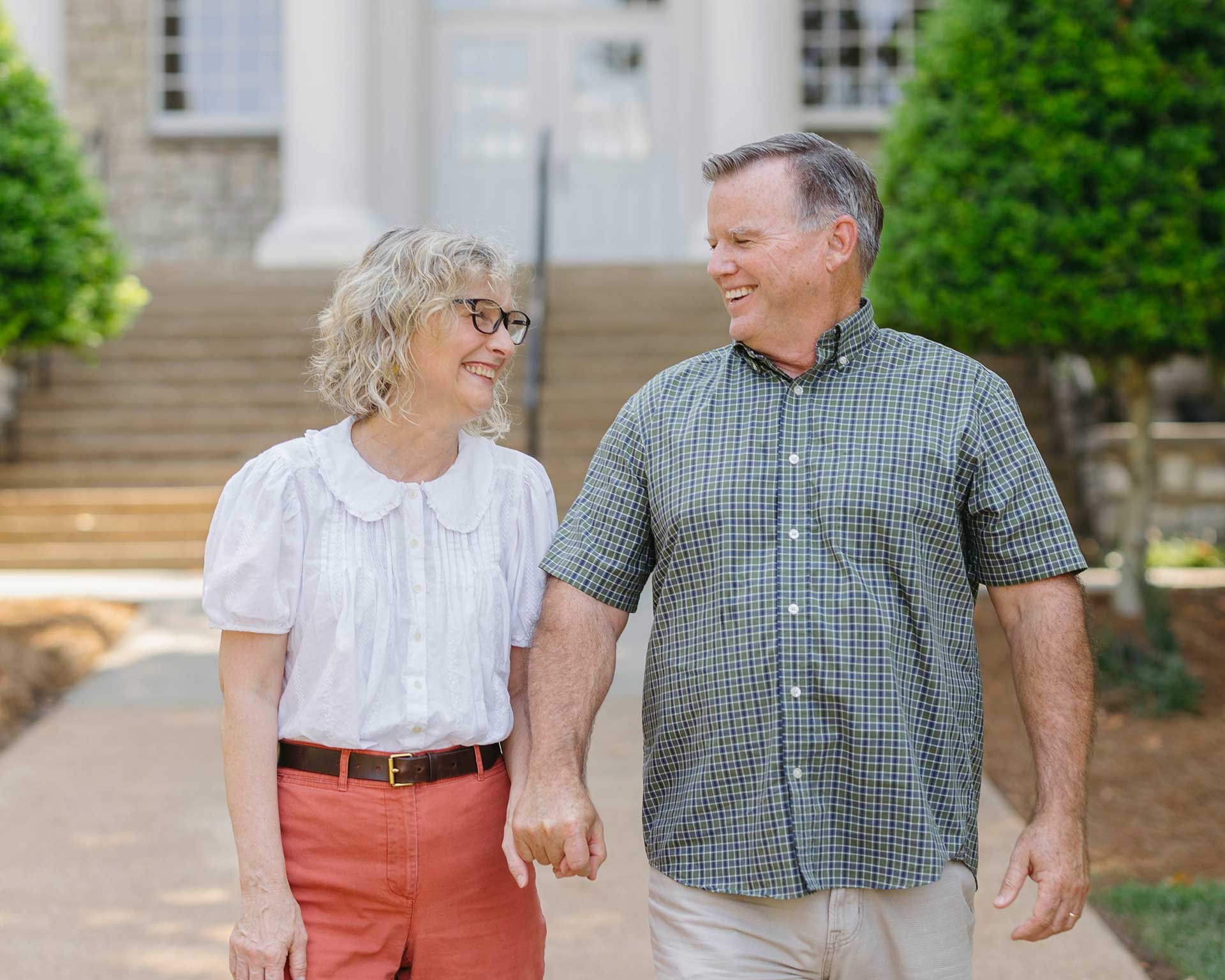 The Eatons take a walk together on Trevecca's campus.