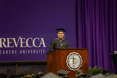 James Henderson speaks to his peers at Commencement.